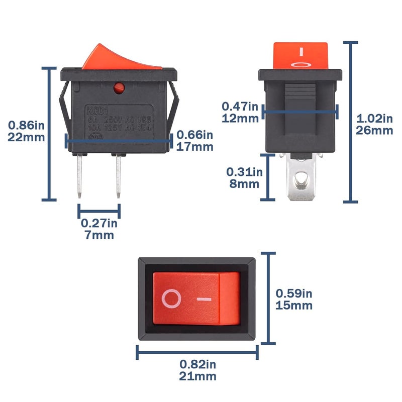 VEXUNGA 10pcs Mini Rocker Switch On Off 2 Pin Boat Rocker Switch 10A 125V 6A 250V AC KCD1 Red Snap-in SPST Toggle Switches Square for Car Marine Home Appliances - Image 2
